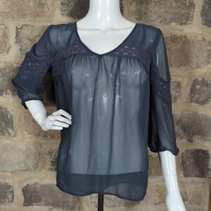 Lauren Conrad Blouse Blue Lace Sheer‎ Tunic Top Women's Size Small 3/4 Sleeve